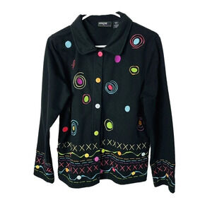 Onque Casuals Button Up Top Sz L Embroidered Wearable Art Long Sleeve Womens